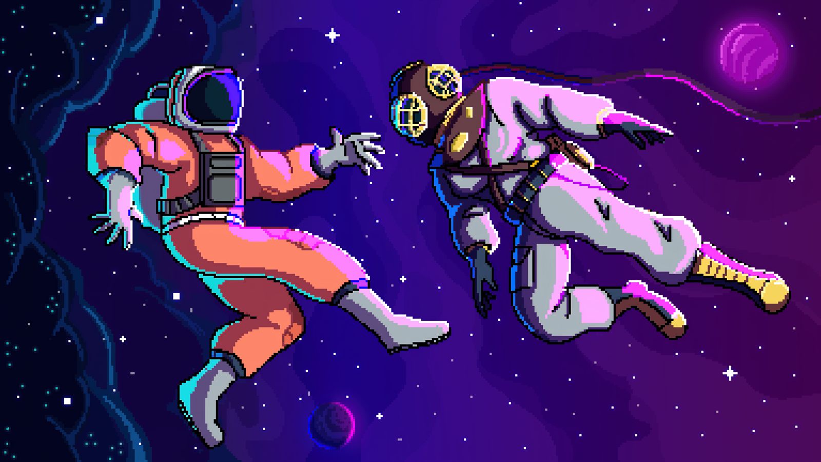 Two illustrated astronauts reaching for each other in space