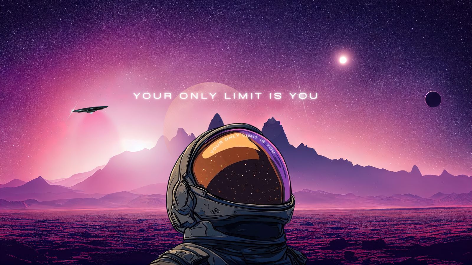 A futuristic astronaut standing on a magenta alien landscape