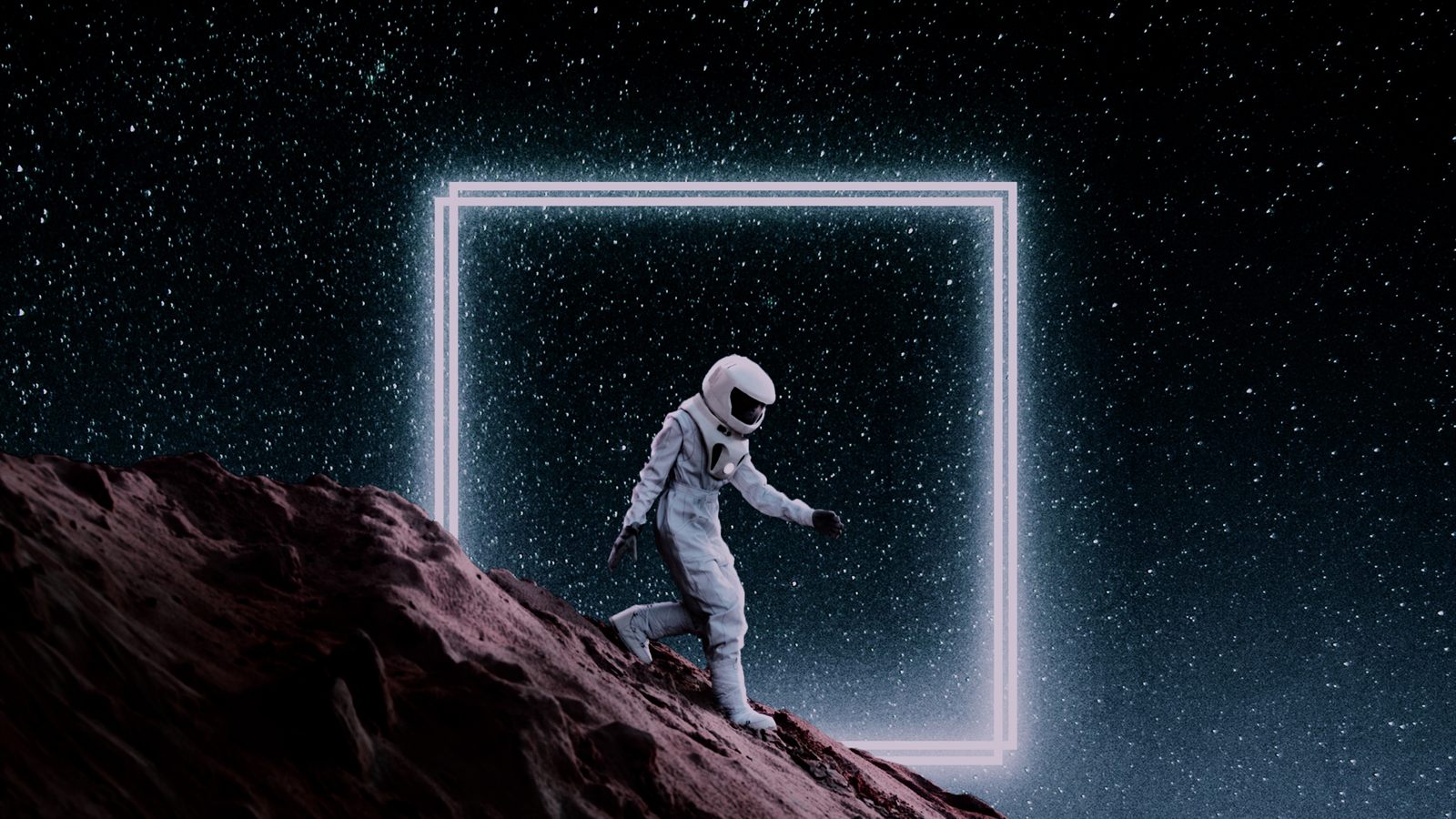 An astronaut walking across a rocky landscape under stars